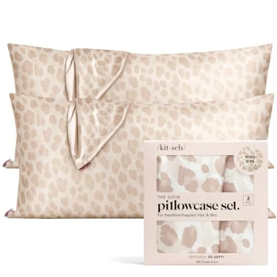 Image of Kitsch 100% Satin Pillowcase with Zipper, Softer Than Silk for Hair &amp; Skin, Cooling Pillow case, Case Cover (King (2 Pack), Leopard)