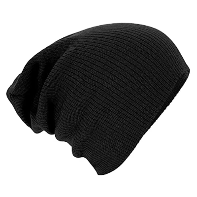 Image of Beechfield Black Slouch Beenie Hat Unisex Winter Hat, Classic Knit and One Size B461 Double Layer 100% Soft Acrylic
