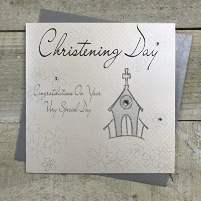 Image of WHITE COTTON CARDS Christening Day Congratulations on Your Very Special Handmade Card, Silver Church, WB46 C,16cm x 16cm