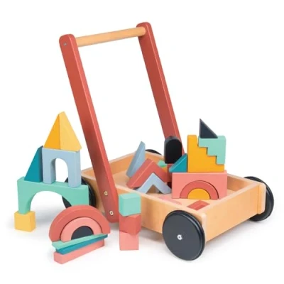 Image of Mentari Bambino Block Trolley Wooden Toy Push Along Activity Walker For Toddlers