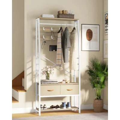 Image of YITAHOME Coat Rack Stand with Shoe Storage, Floorstanding Hall Tree Bench &amp; 2 Foldable Drawers, Industrial Stands 8 Hooks for Hallway Living Room Bedroom, Metal Frame, Beige