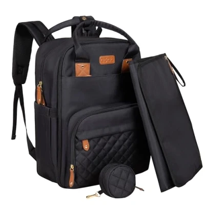Image of ASAB Baby Changing Bag Backpack with Mat Pacifier Holder Waterproof Diaper Nappy Adjustable Stroller Straps Multi Pockets Double Zipper for Mum and Dad (Black)