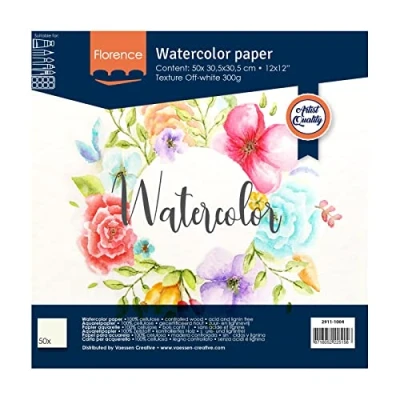 Image of Vaessen Creative Florence Watercolour Paper 12x12 in Ivory, 300 GSM, Artist Grade Quality, Textured Surface, 50 Sheets for Scrapbooking, Painting, Handlettering, Art Projects, 12 x 12&quot;