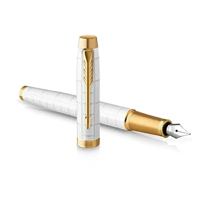 Image of Parker IM Fountain Pen Premium Pearl Lacquer with Gold Trim Fine Point Blue Ink Cartridge Gift Box