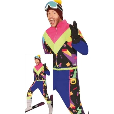 Image of FIESTAS GUIRCA Retro Ski Suit Mens Fancy Dress Costume Colourful 80s Shell Overall Funny 90s Snowboarder Skier Snowsuit Tracksuit Bachelor Party Stag Do Men Size M