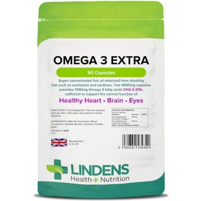 Image of Lindens Omega 3 Extra Fish Oil 1000mg, 90 Capsules 1100mg Fatty Acids DHA &amp; EPA Supports Brain, Heart Eye Health, Joint Health UK Made, Letterbox Friendly