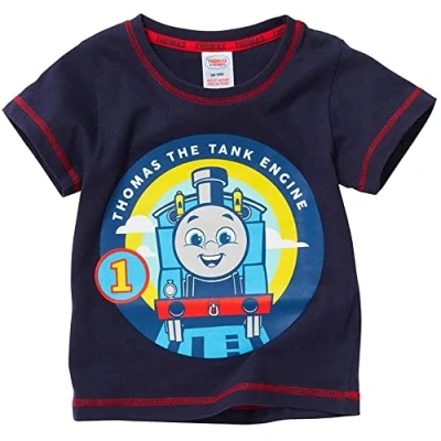 Image of THOMAS &amp; FRIENDS Tank Engine Short Sleeve T Shirt Cheeky Face Let&#039;s Go UK Seller Navy No.1 5/6 Years