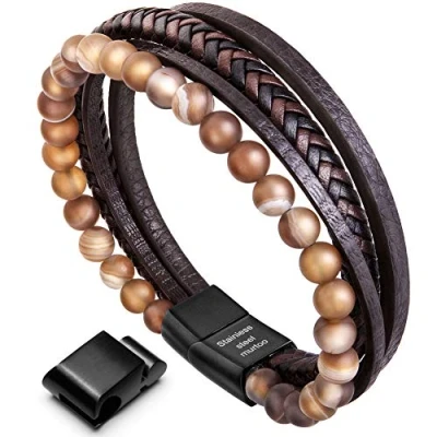 Image of murtoo Men&#039;s Bracelet Leather for Men Natural Stone Lava Onyx Black Brown Magnetic Clasp Gift (Braided With Agate, 8.5&#039;&#039;)