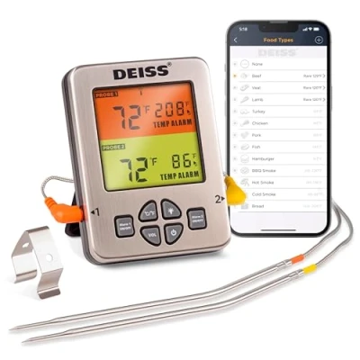 Image of Deiss PRO Bluetooth Meat Thermometer Wireless Digital Cooking with 2 Probes, Oven for Smoker Grill BBQ, Grilling, Kitchen Food