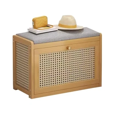 Image of FUYAO Entryway Shoe Storage Cabinet Bench with Linen Cushion Seat, Wooden 2 Tier Rack Organizer for and Hallway