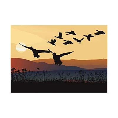 Image of Wee Blue Coo Painting Illustration Flock Skein Geese Flying Landing Wall Art Print