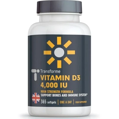 Image of Transforme Vitamin D3 4000 IU, 365 Capsules 1 Year Supply, Maximum Strength High Absorption Softgels, Easy to Swallow Quadruple VIT Cholecalciferol Not Tablets, Gluten Free