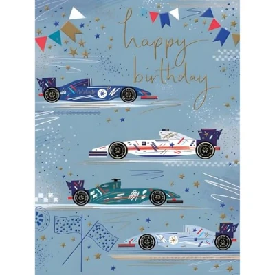 Image of Male Birthday Card for Him General Men Contemporary Racing Car Design with Stars Special Finishes Made in the UK Eco Friendly