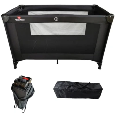 Image of BabyDan Deluxe Travel Cot with Integrated 5cm Extra Thick Comfortable Mattress, Black, 120cm x 60cm, Suitable from Birth to 15KG, Easy Put Up and Fast Folding, Bag