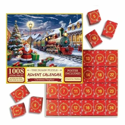 Image of Advent Calendar 2024 Christmas Jigsaw Puzzle 1008 Pieces Puzzles, 24 Days Countdown Puzzles for Adults Kids Gifts (Santa Claus and train)