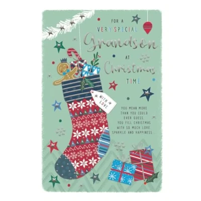 Image of ICG Very Special Grandson Christmas Card Stocking and Presents Embossed with Foil Details