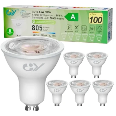 Image of GY GU10 Spotlight LED Bulbs Class A, 805LM Neutral White 4000K, 4.5W Equivalent 100W 36 Beam Angle, Energy Efficiency, Non Dimmable, Pack of 6