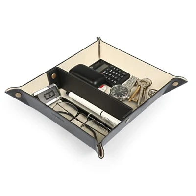Image of Londo Leather Tray Organizer Practical Storage Box for Wallets, Watches, Keys, Coins, Cell Phones and Office Equipment, Black