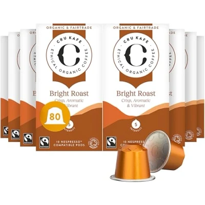 Image of Cru Kafe Organic Bright Roast Arabica Espresso Single Serve Coffee Pods (80 Pods) Compatible with Nespresso Original Line