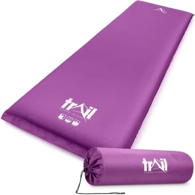 Image of Trail Extra Wide Self Inflating Sleeping Mat for Camping (L186cm x W65cm), Thick 10cm Memory Foam Core, Lightweight Inflatable Outdoor Mattress, Roll Straps &amp; Storage Bag (Purple)