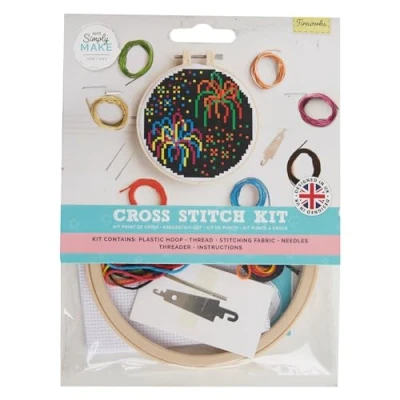 Image of Simply Make Cross Stitch Kit Fireworks Design for Kids and Adults, Including Hoop, Embroidery Thread, Fabric Needle Perfect Adult Crafts Beginners Starter Craft