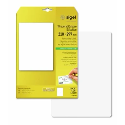 Image of SIGEL LA230 Universal Removable Labels, 21 x 29,7 cm, 25 lbl equal to sheets, White