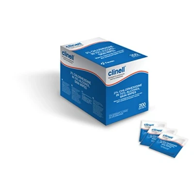 Image of Clinell Alcohol Skin Wipes Pack of 200 2% Chlorhexidine, 70% Designed for Using in Hospitals, Latex Free &amp; Dermatologically Tested Individually Wrapped