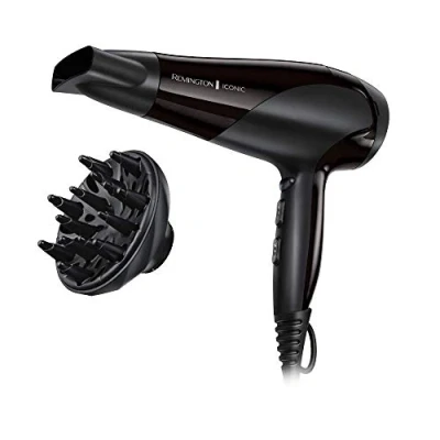 Image of Remington Hair Dryer Ionic (Powerful, Fast Professional Styling, Diffuser, Concentrator, Conditioning for Frizz Free Hair, 3 Heat / 2 Speed Settings, Cool Shot, 2200W, Black) D3198