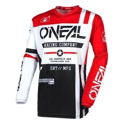 Image of O&#039;Neal Motocross Jersey Long Sleeve MX Enduro Padded Elbow Protection, V Neck, Breathable Element Warhawk V.24 Adult Black White Red Size L