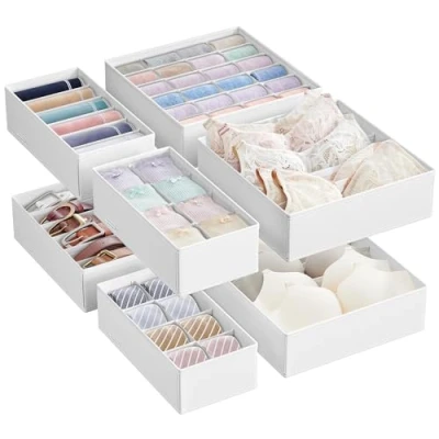 Image of SONGMICS Set of 8 Underwear Drawer Organisers, Dividers, Foldable, for Bras Undies Socks Ties, Fabric Storage Boxes Closet Wardrobe Shelves, Cloud White RUS008W01