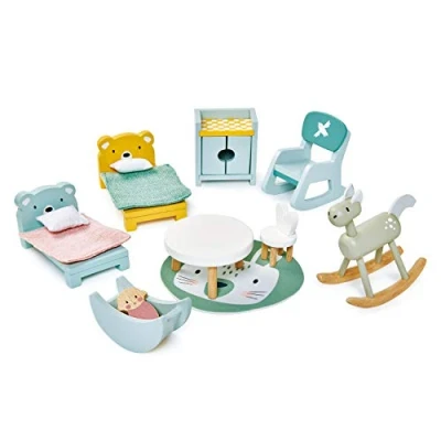 Image of Tender Leaf Toys Dolls House Childrens Room Furniture Wooden with Twin Beds, Wardrobe, Table and Chair, Cot, Rocker Rocking Horse for 10 12cm Tall