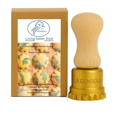 Image of La Gondola Homemade Ravioli Stamp Round Flower 50mm Italian Pasta Making Tool for Home and Business Brass &amp; Natural Wood Sturdy Easy to Use Cutter Made in Italy