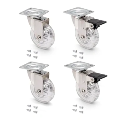 Image of Emuca Pack of 4 Transparent Swivel castors for Furniture (2 with Brake and 2 Without Brake) 75mm (2,9 inch) Diameter Fixing Plate Ball Bearings