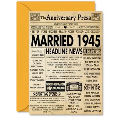 Image of 80th Anniversary Cards for Men Women Married 1945 Newspaper Happy 80 Wedding Card Husband Wife Grandma Grandad Nan Vintage Retro 1945, A5 Greeting
