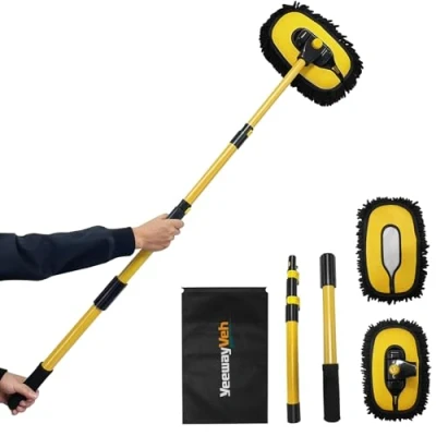Image of YeewayVeh 57&quot; Car Wash Brush with Long Handle, 15 Curved Extendable Replaceable Microfiber Mop Head, Portable Washing Kit Storage bag for RV Truck Camper Cleaning