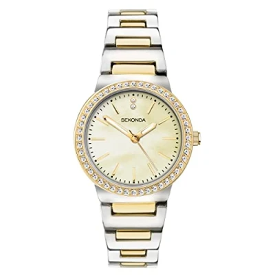 Image of Sekonda Amelia Ladies 28mm Quartz Watch in Champagne with Analogue Display, and Two Tone Alloy Bracelet 40490