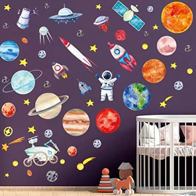 Image of 7 Sheets Outer Space Wall Stickers for Bedroom Boys, Solar System Planets Kids Decals Astronaut Rocket Spacecraft Universe Spaceship Nursery Decoration