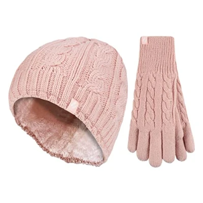 Image of HEAT HOLDERS Ladies Thermal Winter Outdoor Fleece Insulated Hat and Gloves Set in 7 Colours (M L, Dusky Pink)