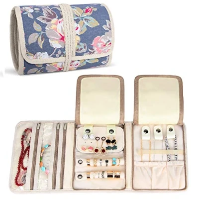Image of Teamoy Jewellery Roll, Travel Organiser for Necklaces, Earrings, Bracelets, Brooches and more, Wrap with Various Departments, Peony