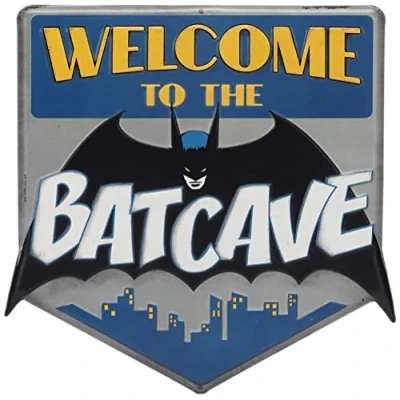 Image of Open Road Brands DC Comics Batman Welcome to The Batcave Embossed Metal Sign Vintage for Bedroom or Man Cave