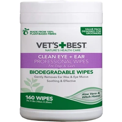Image of Vet&#039;s Best Clean Eye and Ear Biodegradable Professional Wipes for Dogs Cats, Pack of 160