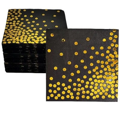 Image of Black Gold Napkins 100 Pack, CEILIWEN and Serviettes Black, 33x33CM Serviettes, Foil Dots Napkins,Disposable Party