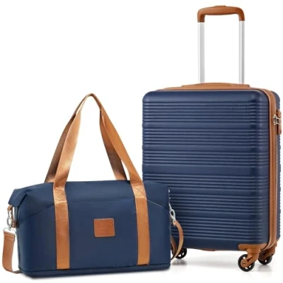 Image of COOLIFE Cabin Suitcase 55x40x20cm and Bag 25L(45x36x20cm) Set for EasyJet Airlines Carry on Hand Luggage Hard Shell Lightweight with TSA Lock (Blue/Brown, 2pcs)