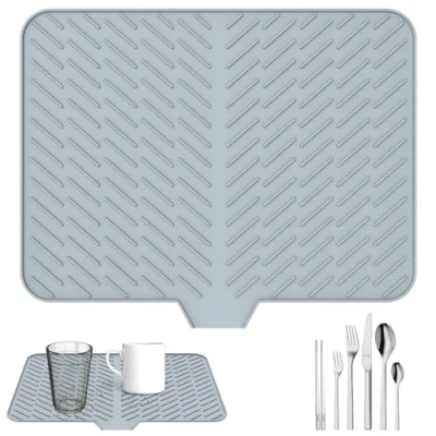 Image of Large Silicone Dish Drying Mat, Ultra Absorbent Draining Board Non Slip Fast Drainer Heat Resistant Trivet Countertop Protector for Kitchen Counter or Sink,58x43cm