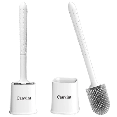 Image of Canvint Toilet Brush, 2 Pack Silicone Brush with Holder Set, Dead Corner Deep Cleaning Quick Drying Holder, Loo Flexible No Slip Long Plastic Handle (White)