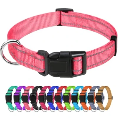 Image of TagMe Reflective Nylon Dog Collars, Adjustable Classic Collar with Quick Release Buckle for Small Dogs, Baby Pink, 2.0 cm Width