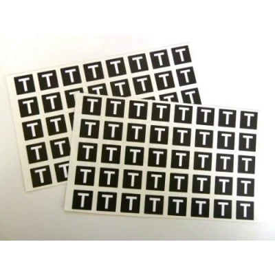 Image of Letter T, White Alphabet Letters on Black 20x20mm Square Labels Durable Plastic Stickers