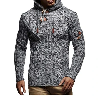 Image of Leif Nelson Men&#039;s Pullover Knit Sweater Hooded Hoodie LN 5400 Grey Black Medium