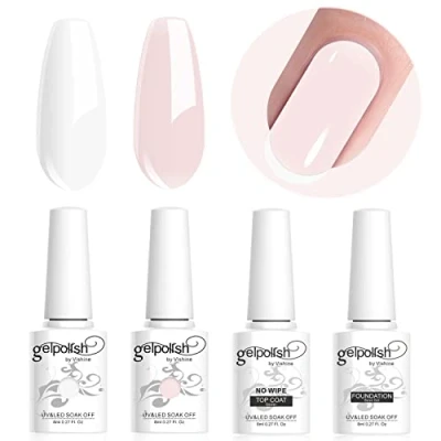 Image of Vishine 4Pcs French Manicure White Rose Pink Nail Gel Set, UV LED Base Coat Top Long lasting Colors Starter Kit 4 8ml Set