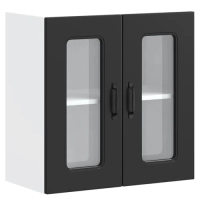 Image of vidaXL Kitchen Wall Cabinet Engineered Wood/Glass, Black, 80x31x60 cm Modern Design with Glass Door, Ample Storage, Versatile for Kitchen/Bedroom/Living Room, Easy to Maintain